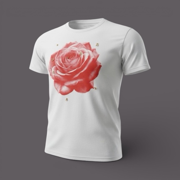 House of Cotton Tops - House of Cotton- White T-Shirt with Red Rose and Gold Charms inside Rose Print